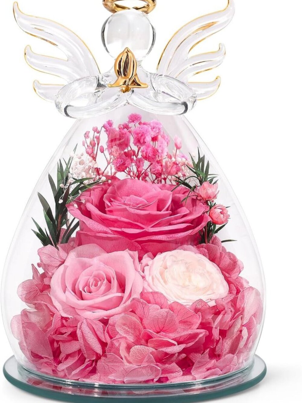 Preserved Pink Rose in Glass Angel Figurine - Perfect Gift for Mom, Grandma